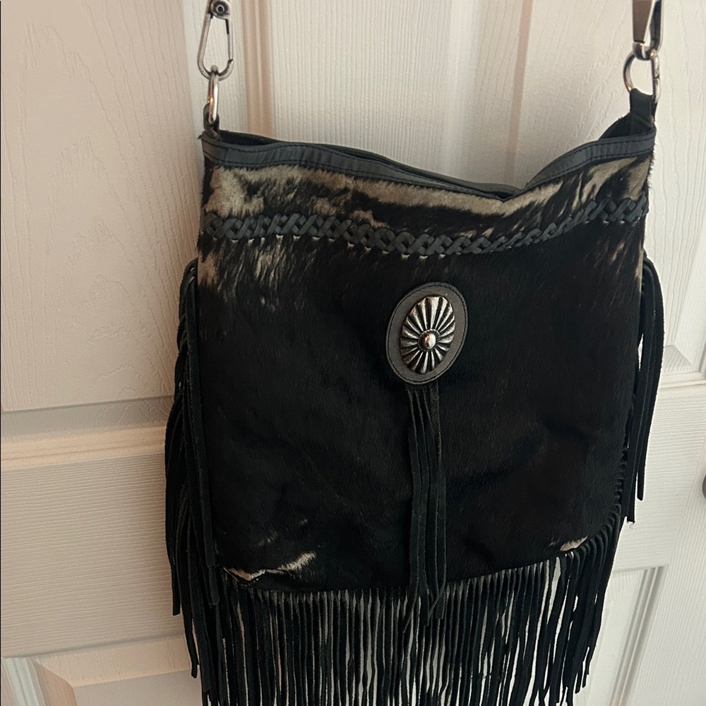 Black Fringe Crossbody Bag with Western Concho